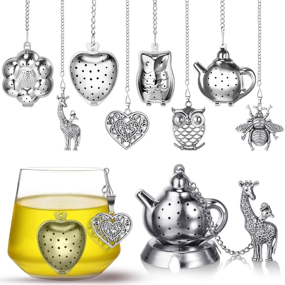 4 Sets Loose Tea Infusers Stainless Steel Teaballs Cute Tea Strainers Steeper Filters with Crystal Stone Pendants and Drip Tray Teacups Accessories(Funny Style)