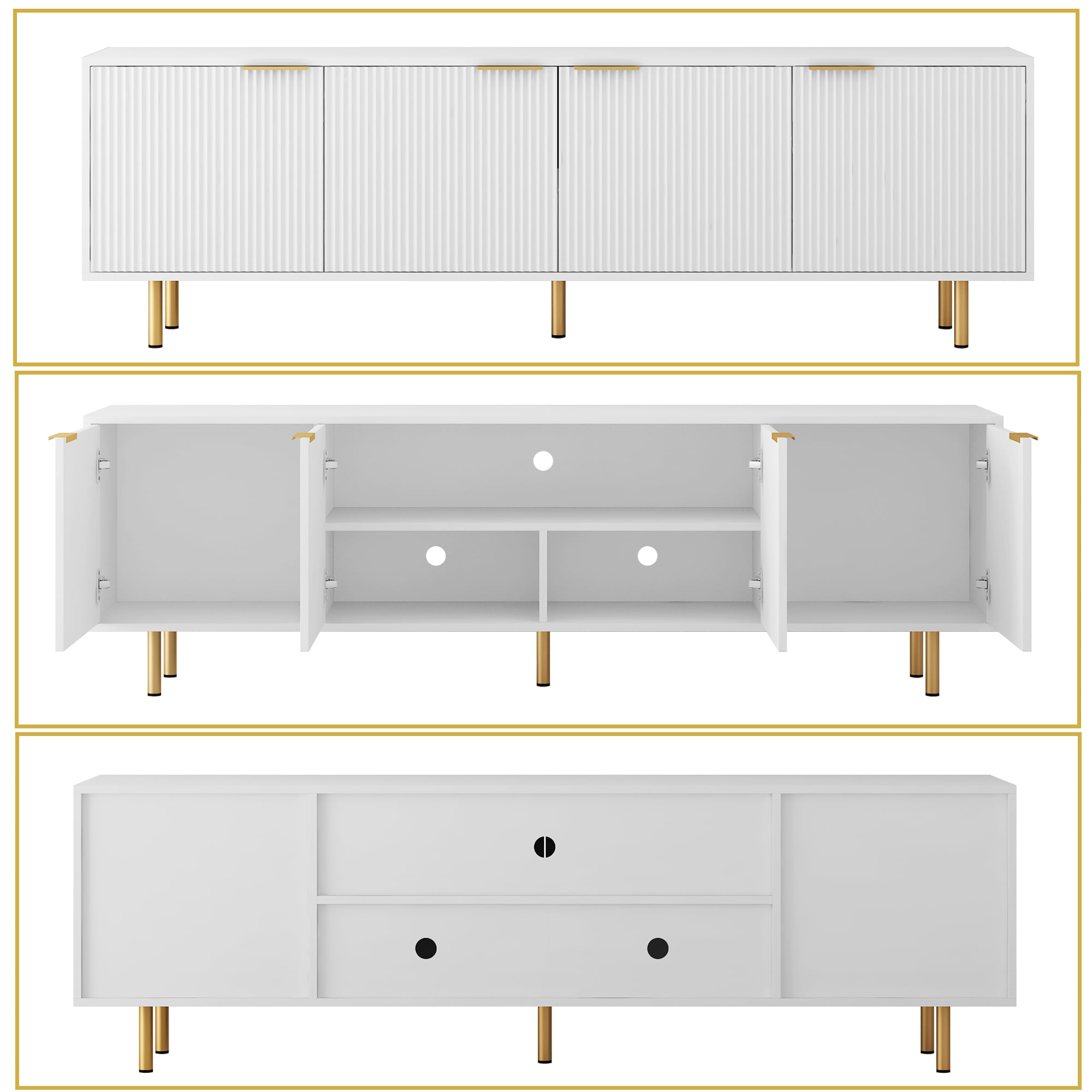 HIUU White Modern Fluted TV Stands for Living Room, Entertainment Center with 4 Doors Cabinet Storage,Console Table Metal Adjustable Legs for 65''TV