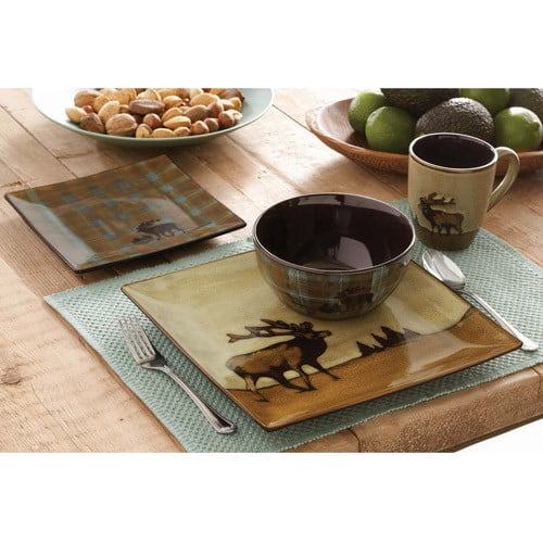 Better Homes Gardens Roaming Elk Square Dinnerware Brown Set of 16