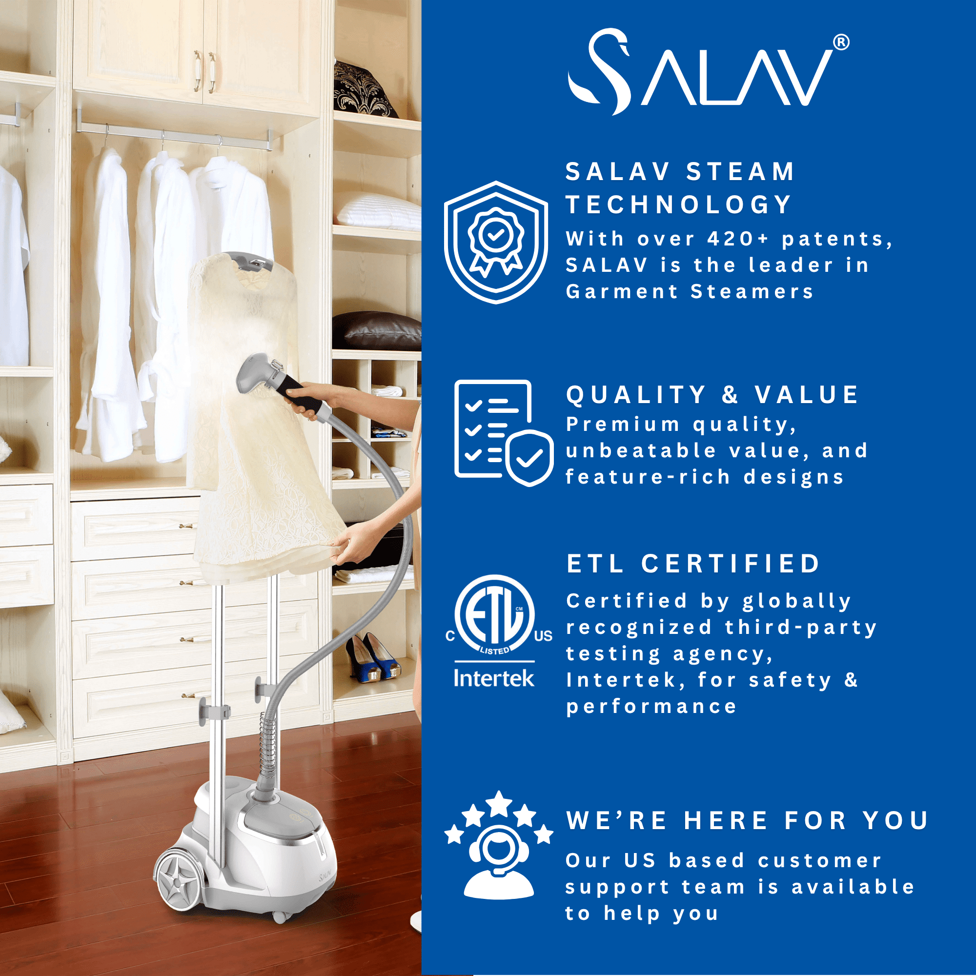 SALAV® GS45-DJ Professional Series Dual Bar Garment Steamer with Foot Pedals, Silver
