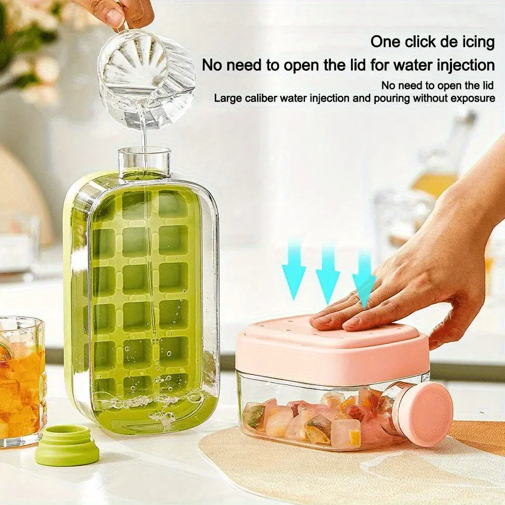 2-in-1 Press Type Cooling Cup Water Bottle with Ice Mold, No Touch Ice Maker with Lid for Whiskey, Cocktails, Reusable and Portable