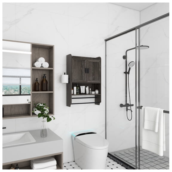 Bathroom Wall Cabinet with Doors, Over Toilet Storage, Adjustable Shelf, Towel Rack, Paper Holder - Grey