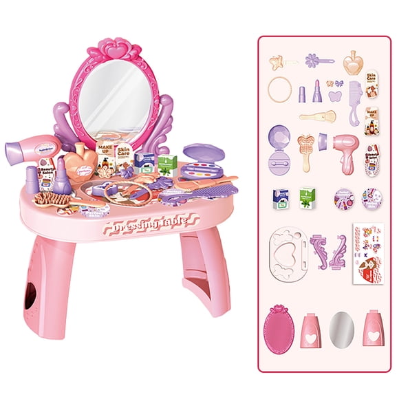 Toddler Makeup Table with Mirror Kids Play Vanity Set Pretend Play Makeup Accessories with Hair Dryer Toy Christmas Birthday Gifts for Girls 3-5 Years