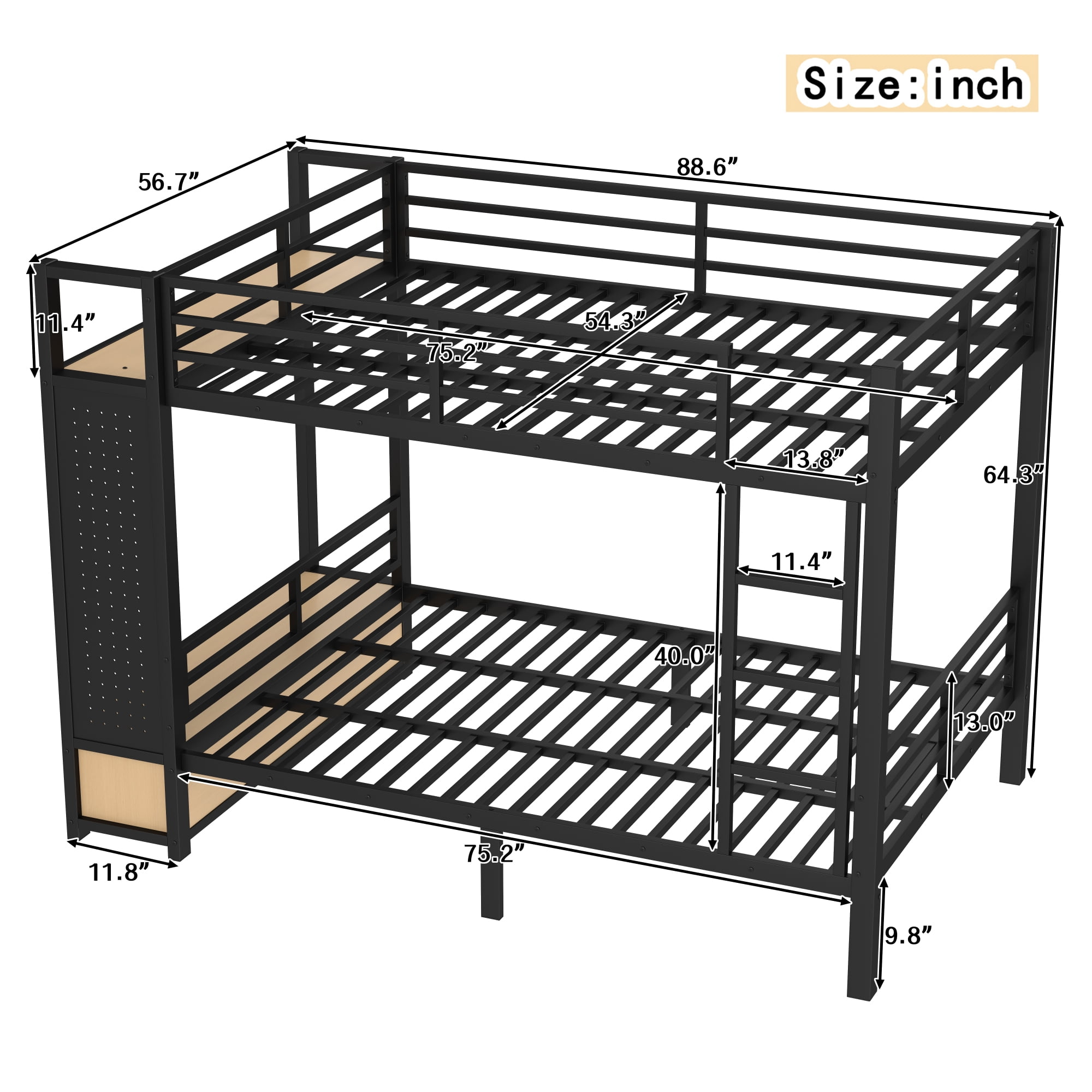 Leumius Full over Full Metal Bunk Bed with Built-in Wardrobe,Heavy Duty Loft Bed Frame with Storage Shelves,Drawers and Pegboard,Space-Saving,Black