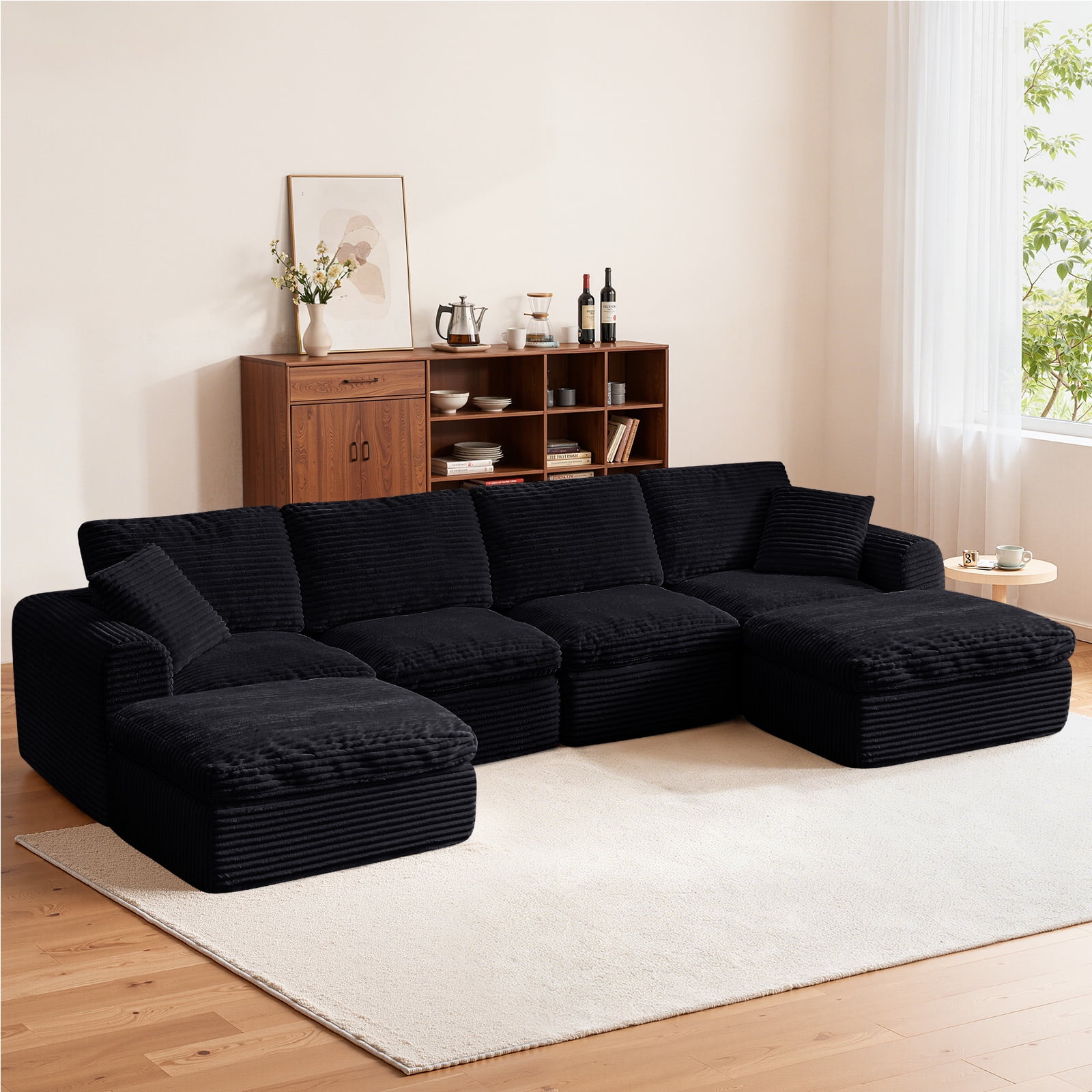 138" Cloud Couch for Living Room, Modular Sectional Sofa with Plush Corduroy Big U Shaped Comfy Upholstered Couches with Deep Seat, No Assembly Required, Black