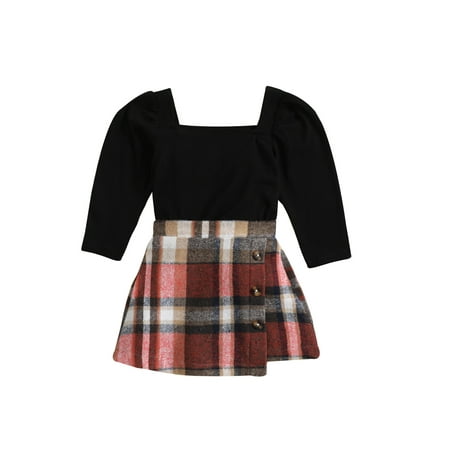 

Arvbitana Toddler Girl Plaid Skirt Set Long Sleeve Off Shoulder Pullover Blouse Shirt +High Waist Plaid Tutu Skirts