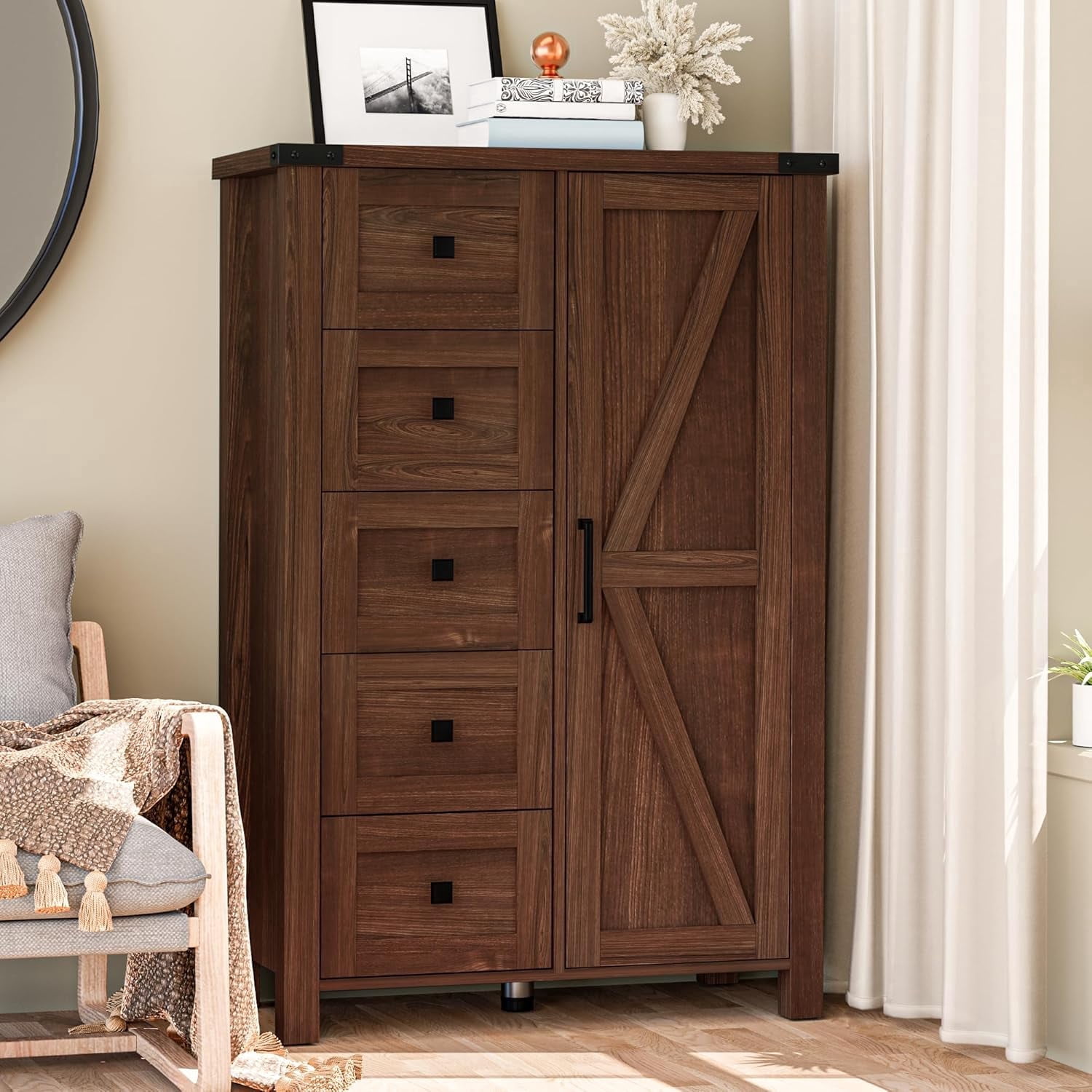 VVFLU Farmhouse 5 Drawer Dresser Storage Cabinet Chest of Drawer for Bedroom, 48" Tall Brown Wood