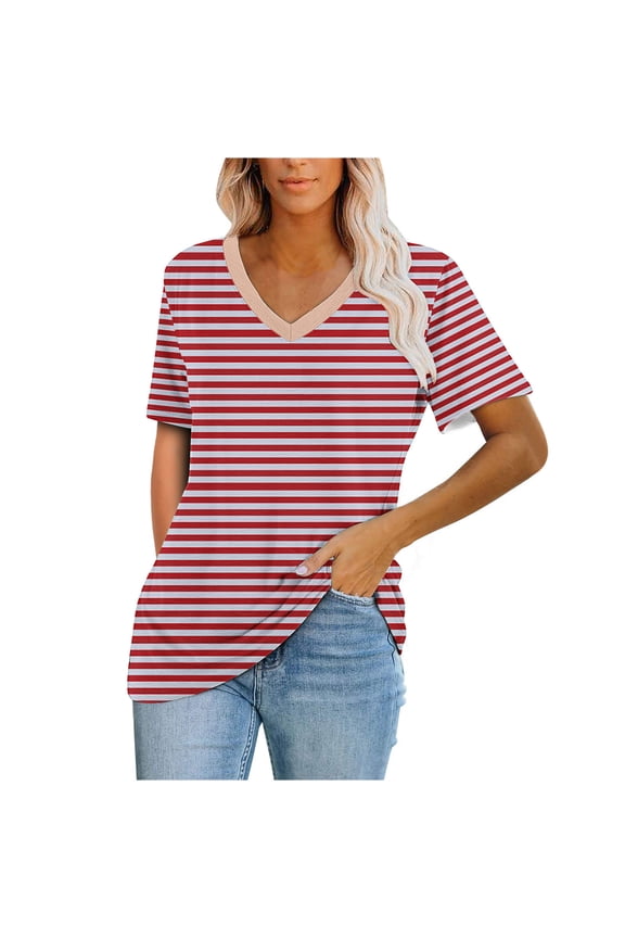 Summer Tops for Women V Neck Short Sleeve Stripe Printed Tshirts Casual Baggy Comfy Basic Shirts