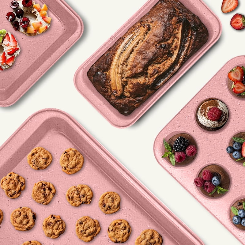 Bakeware Set Baking Pan Set Non-Stick Kitchen Oven Round/Square Cake Pan, Muffin Pan, Baking Pan, Cookie Sheet Set Baking Supplies Christmas Pink Gris