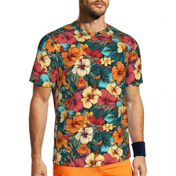 T Shirt For Men Gym For Mens Tropical Floral Print T-Shirts Fashion Color Hibiscus Beach Tees O Neck