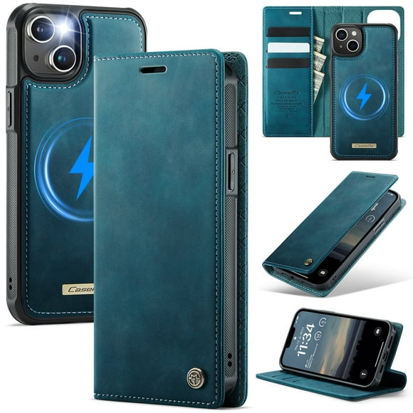 CaseMe Wallet Case for iPhone 13 Compatible with Magsafe, 2-in-1 PU Leather【RFID Blocking】Flip Card Holder Stand Shockproof Magnetic Detachable Cover for iPhone 13 6.1",Blue,For iPhone 13