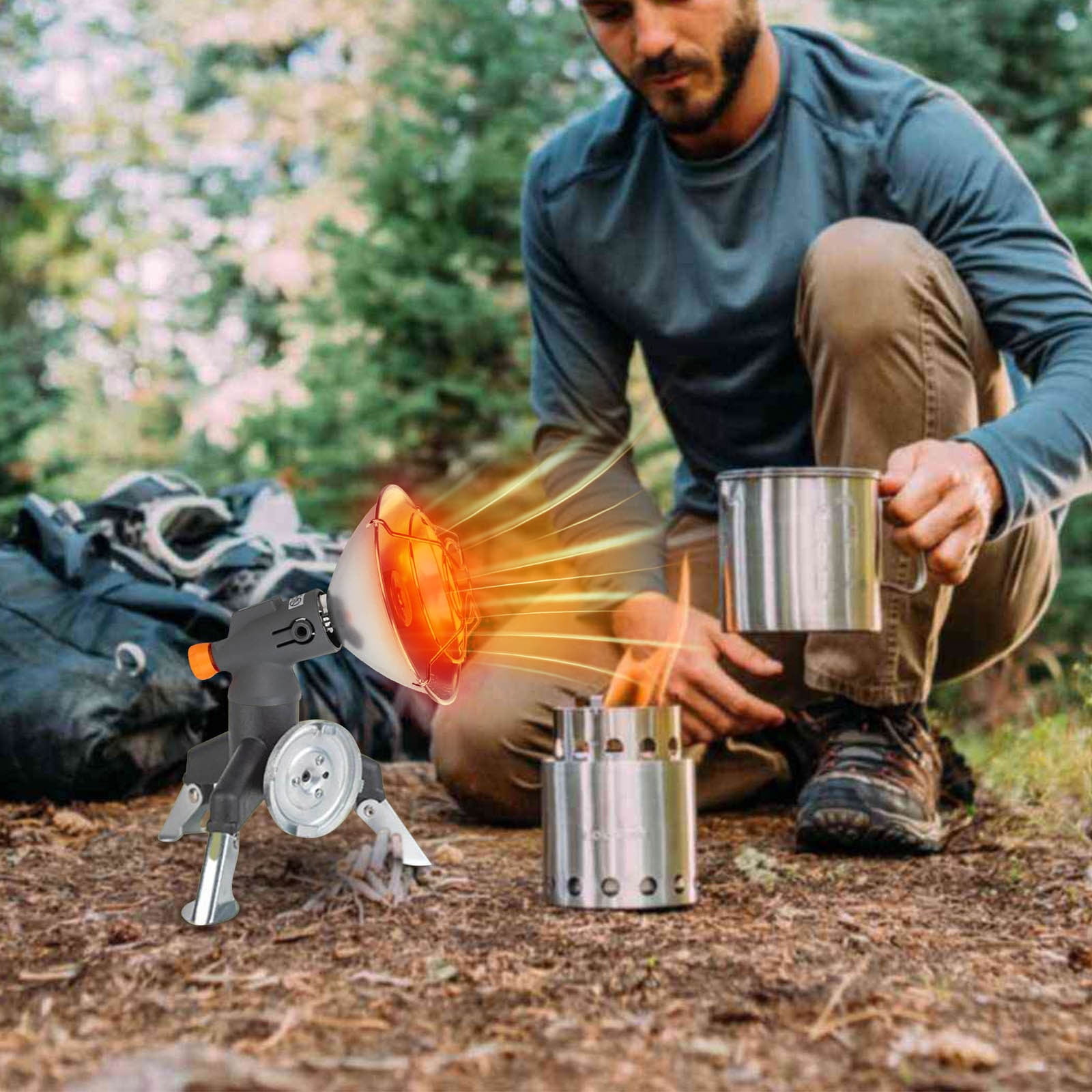 Hxlamzoo Outdoor Heater Portable Camping Gas Stove with Press Ignition & Storage Box, Stainless Steel Mini Winter Tent Heater for Fishing