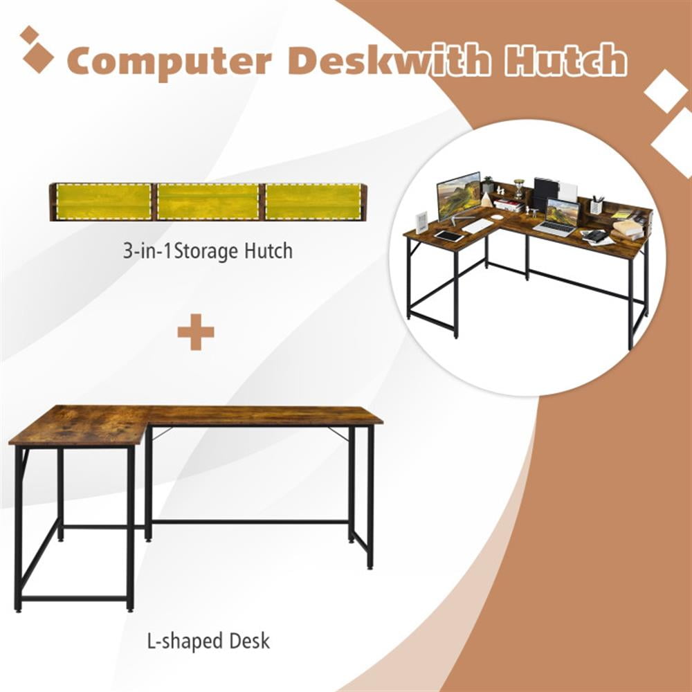 Demi Bonn 5.5" L-shaped Computer Desk with Bookshelf, Small Home Office Desk Study Writing Table, Brown