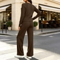 thumbnail image 5 of Women's 2 Piece Casual Knit Set V Necklinen Full Buttom Down Top Wide Leg Pants Casual Suits for Fall Brown 2XL, 5 of 6
