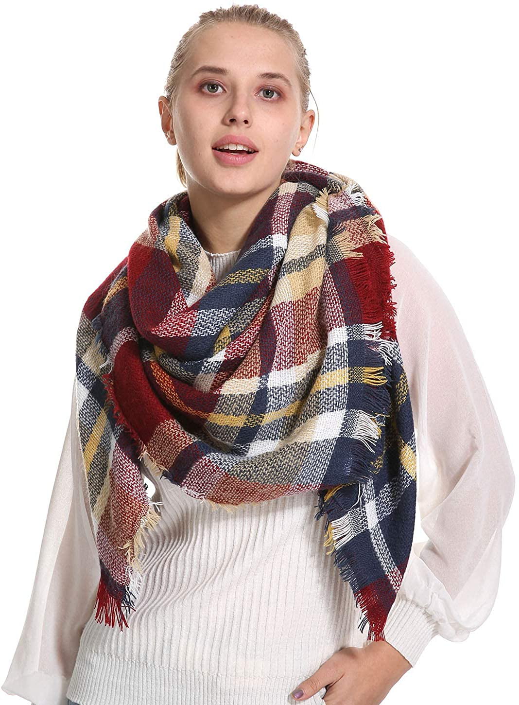 Womens Mens Check Fringe Fleece Wrap Winter Scarves Tassel Soft Warm Woven Scarf 
