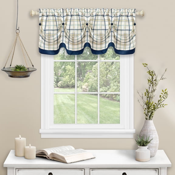 Traditional Elegance Tattersall Window Curtain Tier Pair and Valance Set - 58x36 - Navy