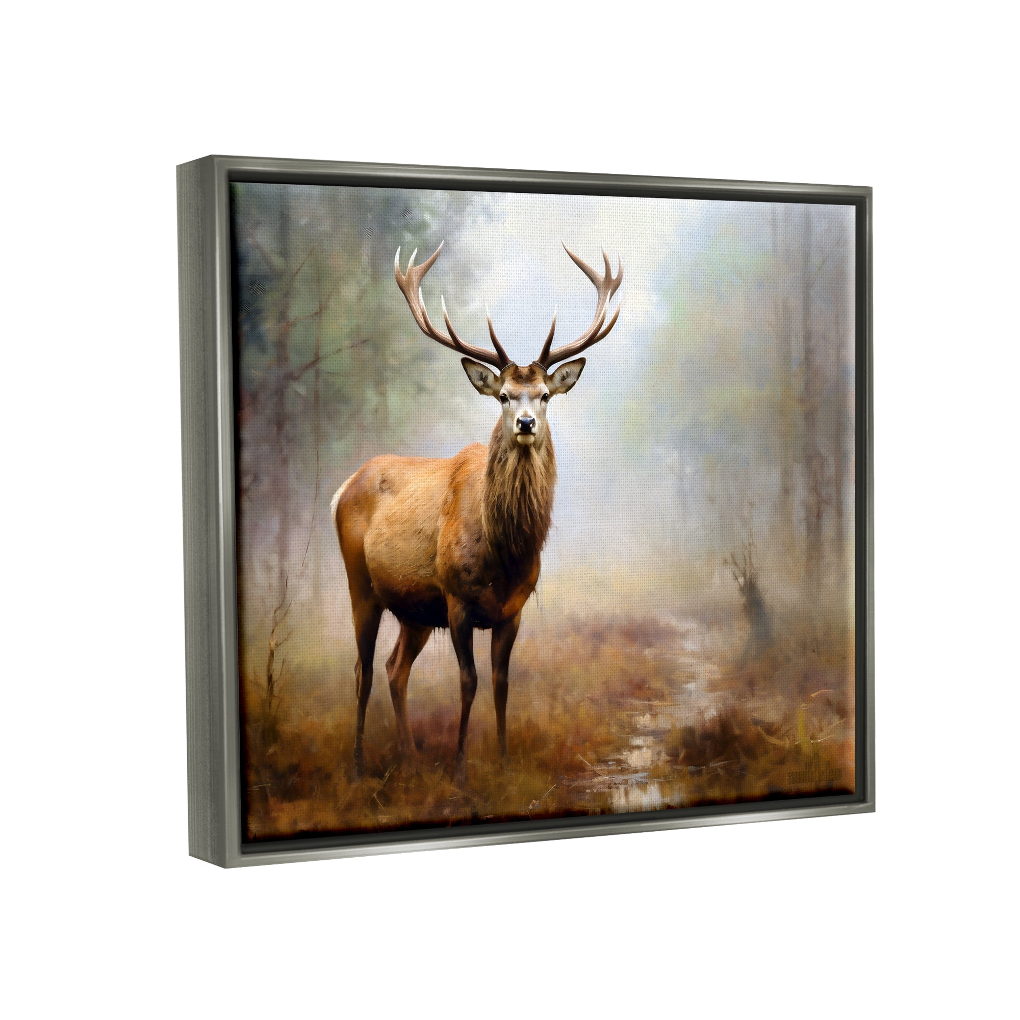 Stupell Industries Deer Woodland Trees Animals & Insects Painting Gray Floater Framed Canvas Art Print Wall Art, 21 x 17