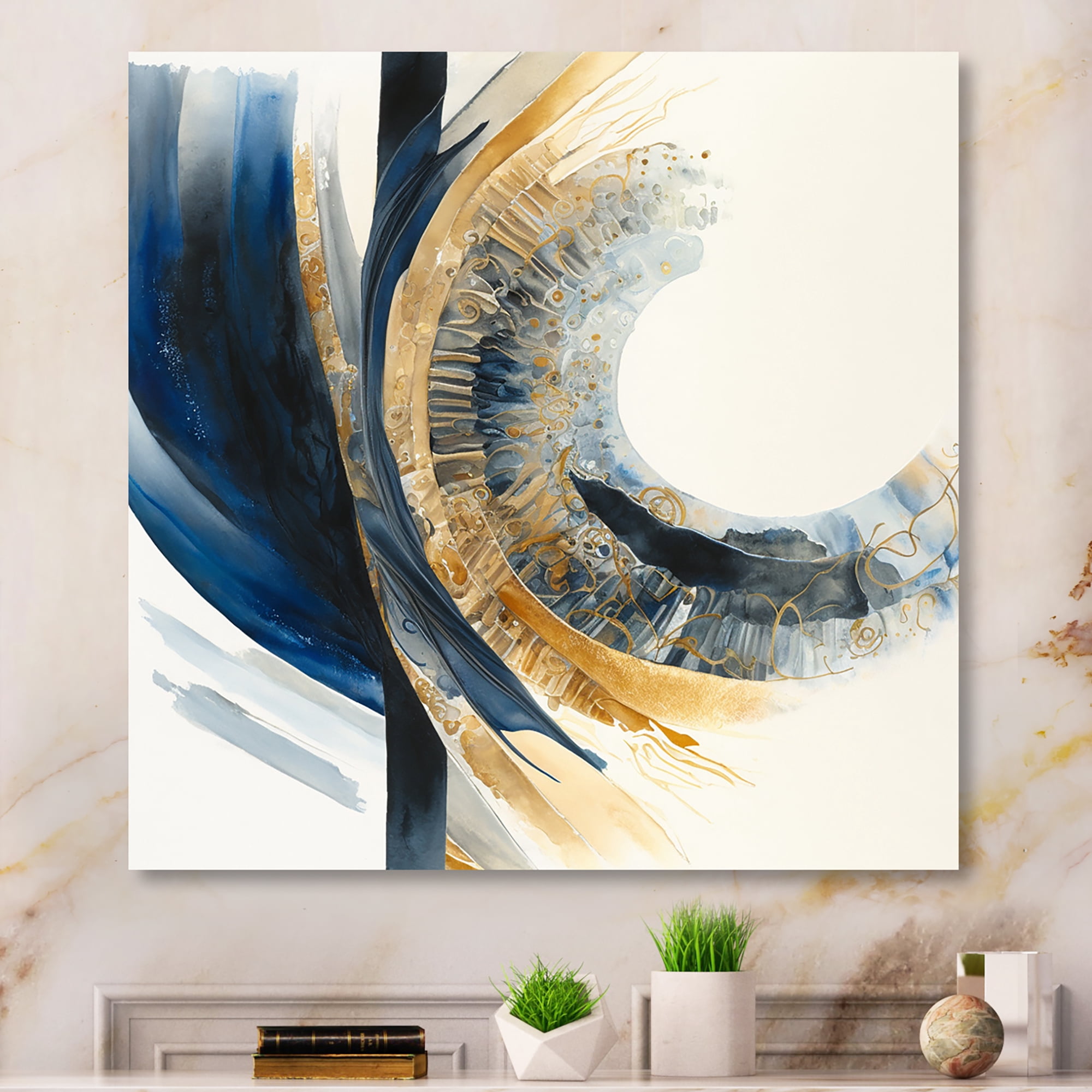 Designart Blue And Gold Swirl Abstract IV Canvas Wall Art