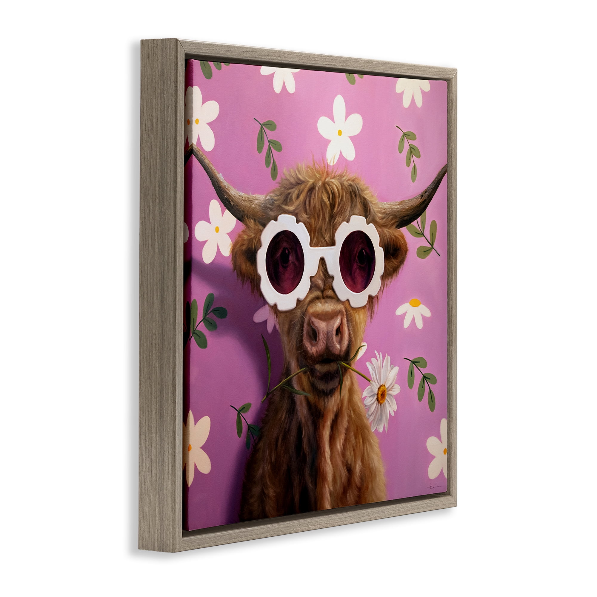 Stupell Industries Fresh As A Daisy Cattle Brown Framed Floater Canvas Wall Art, design by Lucia Heffernan