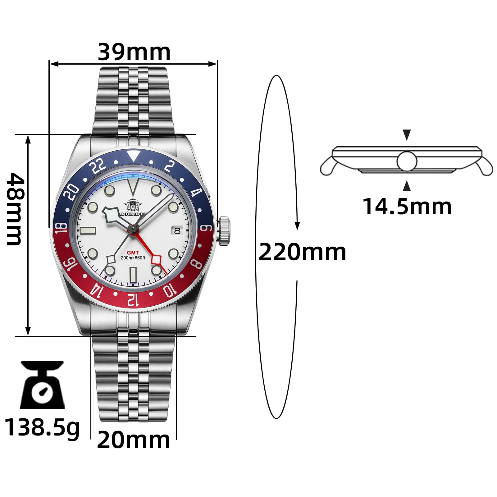 ADDIESDIVE Swiss GMT Watch for Men – 200M Diver’s Waterproof, Quartz Movement Watches,316L Stainless Steel,  BGW9 Super-LumiNova & Unidirectional Bezel