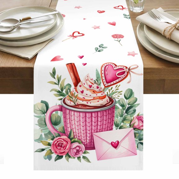 Valentine's Day Table Runner - 48 Inch Long, Kitchen Dining Table Runner Dresser Scarves, Ice Cream Love Rose Eucalyptus Leaves Farmhouse Decor for Coffee Tables Wedding Party Banquet