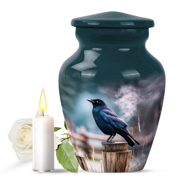 JAGASY Crow Urn for Ashes Adult Male, Dark Teal Small Urns for Human Ashes Keepsake, Wooden Landscape Decorative Urns for Parents, Mini Cremation Urn for Mom & Dad, (3 Inch)