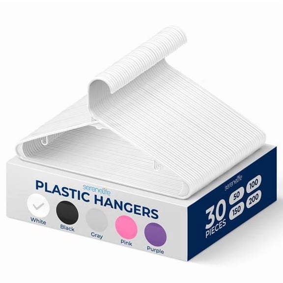 SereneLife 30-Pack Standard Plastic Space Saving Durable Tubular Heavy Duty Clothes Hanger, (White)