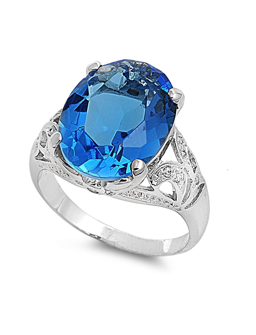 Oval Blue Simulated Topaz Cubic Zirconia Ring Sterling Silver 925 ...