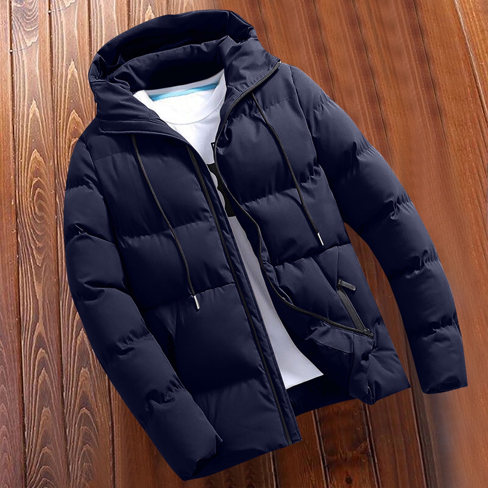 BiZtdJrK Lightweight Puffer Jacket for Men with Hood Big and Tall Full Zip Long Sleeve Hooded Quilted Jackets Solid Color Winter Hoodie Coats Navy M