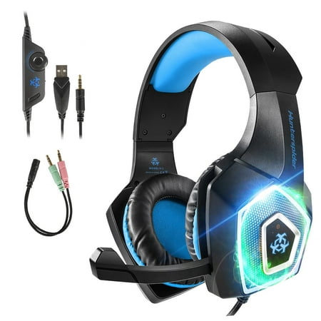 Gaming Headset with Mic for Xbox One PS4 PS5 PC Nintendo Switch Tablet Smartphone, Headphones Stereo Over Ear Bass 3.5mm Microphone Noise Canceling 7 LED Light Soft Memory Earmuffs