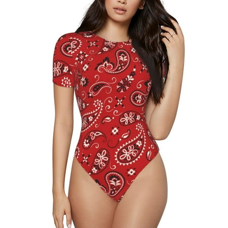 Cauagu Red Paisley Floral Women s Crew Neck Round Short Sleeve T Shirts Tops Bodysuit Daily Jumpsuit-XX-Large