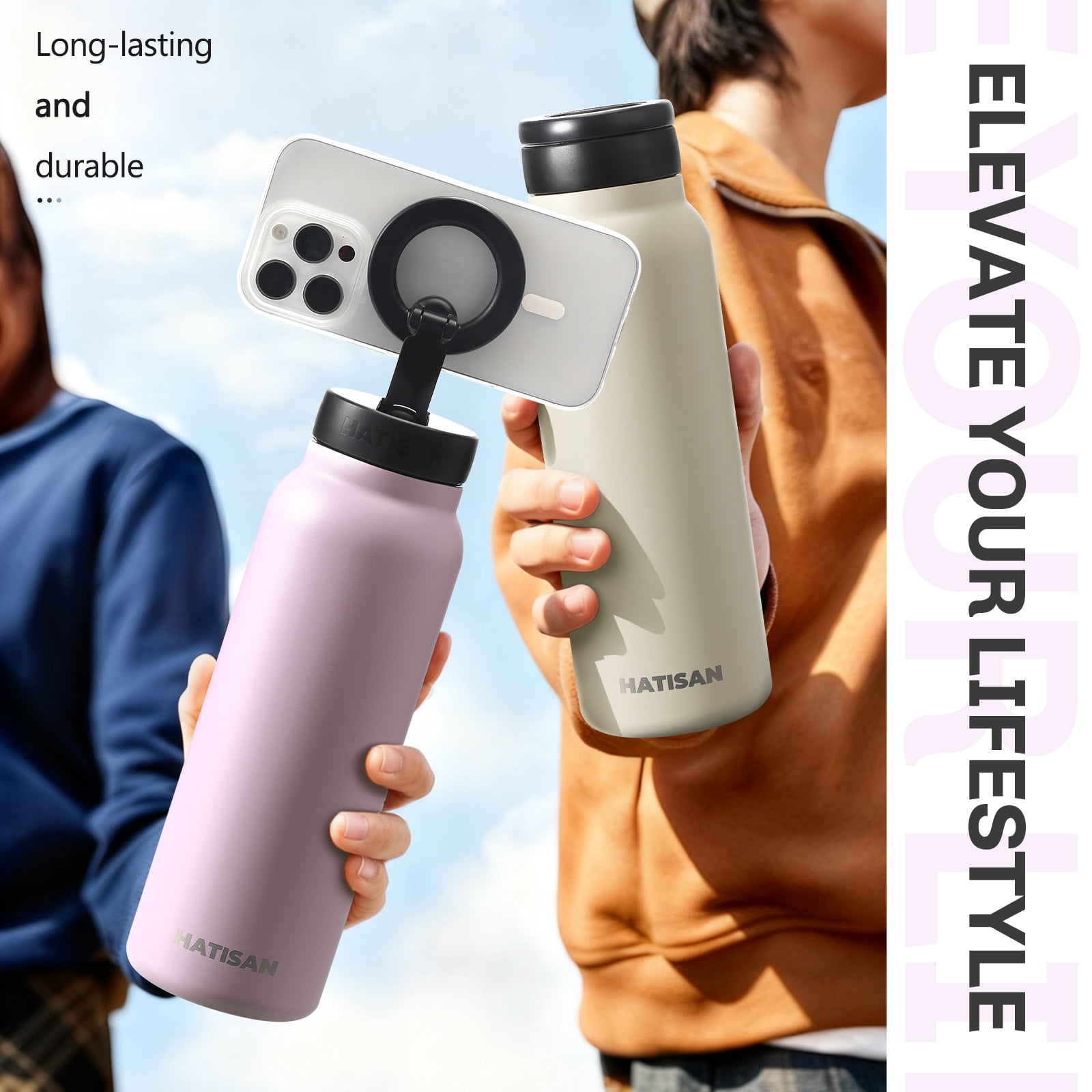 Hatisan 24 oz Insulated Water Bottle, Magnetic Stainless Steel Water Bottle, with Mobile Phone Holder Tripod, Hot for 12H, Cold for 24H(Purple)