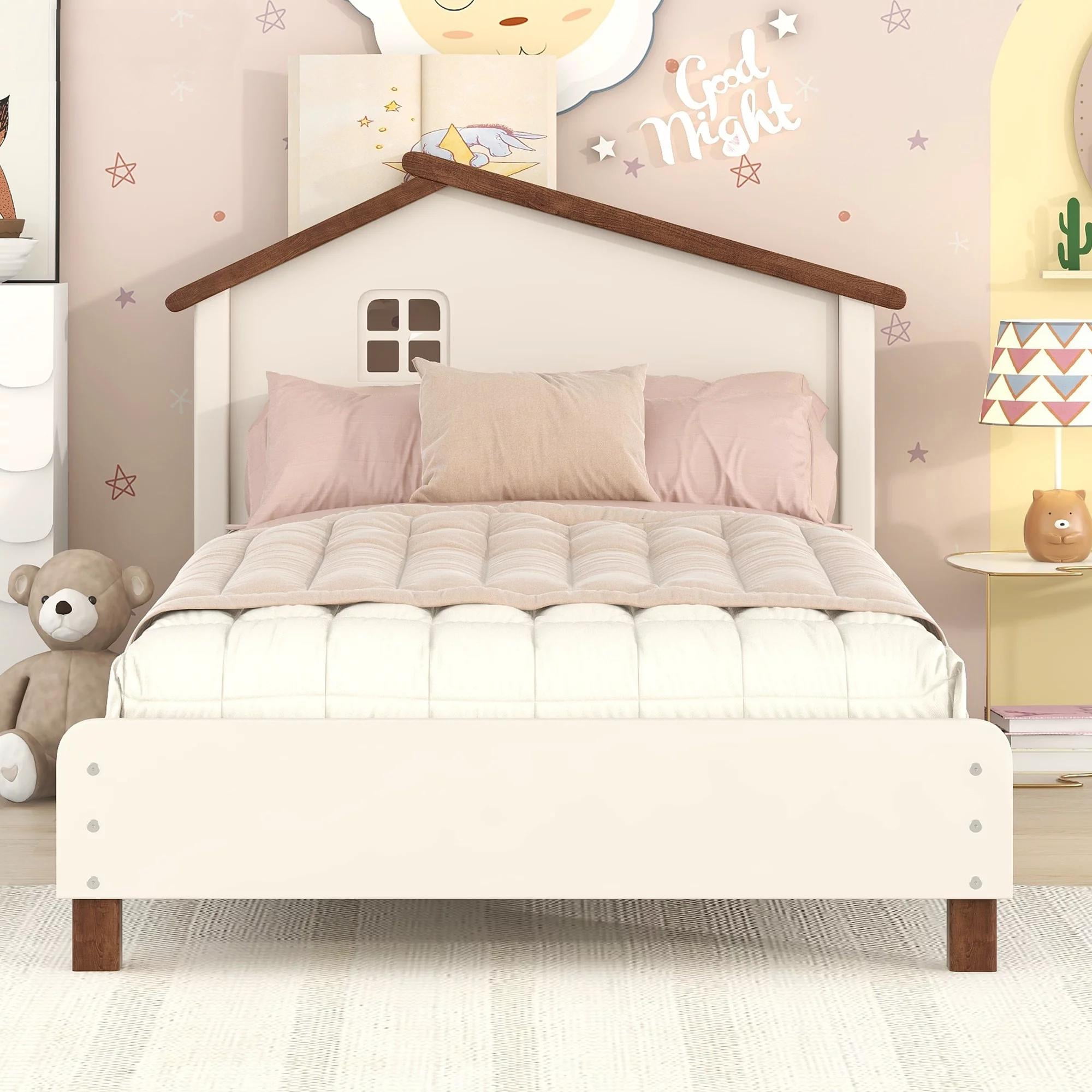 Gewnee Twin Size Wood Platform Bed with House Shaped Headboard for Kids ...