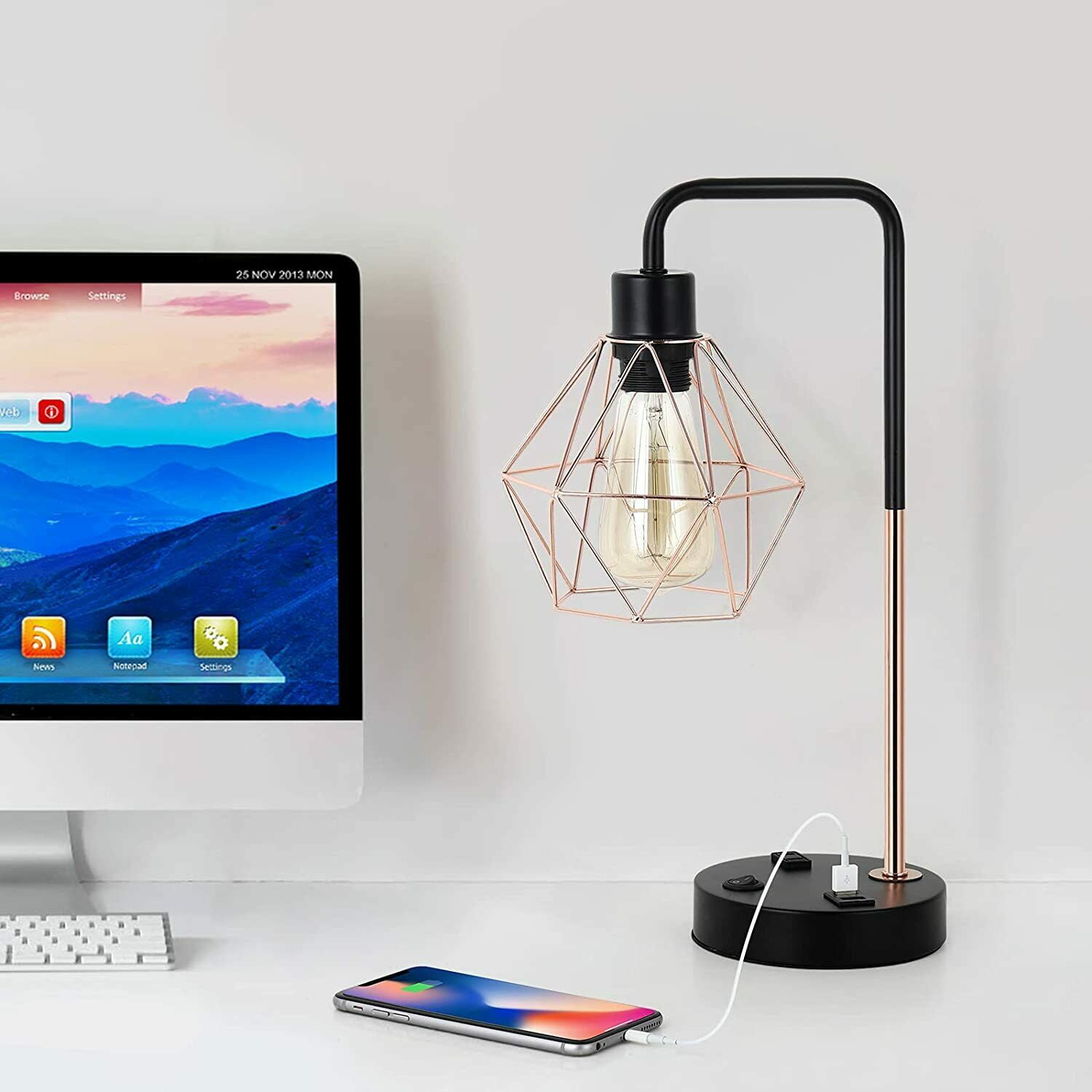 USB Bedside Table & Desk Lamp with 2 USB Charging Ports & AC Outlet for Bedroom