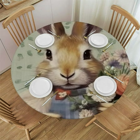 

BANET Round Table Cover for Round Tables Indoor Outdoor Tablecloth Waterproof Fitted Table Covers with Elastic Easter Bunny Plant Green Plaid Patio Table Cloth for Party Camping Cafe 38 -42