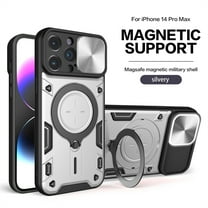 ELEHOLD for iPhone 12 Pro, Case with Slide Camera Lens Protector,Built-in 360° Rotate Ring Stand Magnetic Shockproof Hard PC Cover,Support Magnetic Car Mount, silver