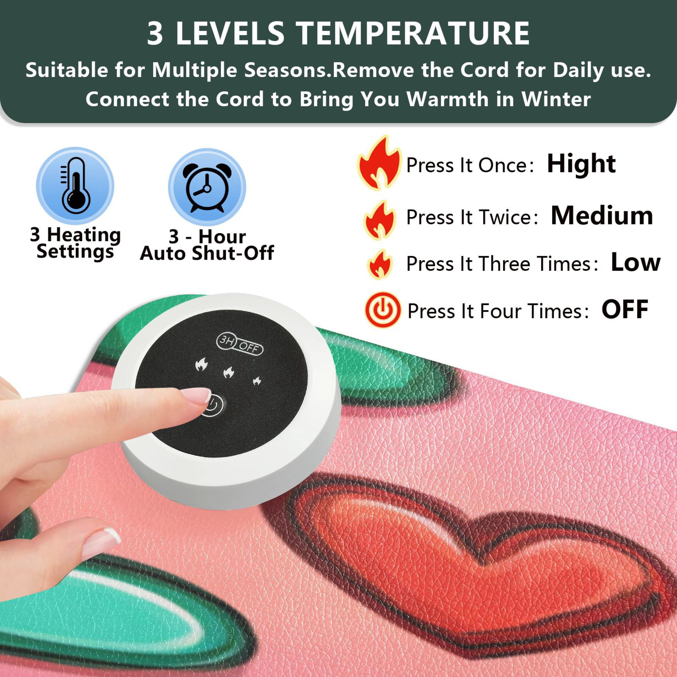 Large Heated Desk Mat Mouse Pad 31.5"x13"PU Leather Graphene Heating Desk Warmer with 3 Temperature Settings 110V US Plug Non-Slip Warm Pad for Home, Office, and Gaming Rainbow Heart Seamless Print