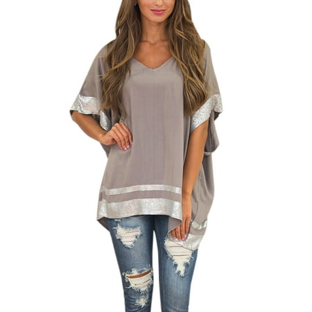 Black Sequin Halter - Women Short Sleeve Sequins Asymmetric Hem Blouse Top