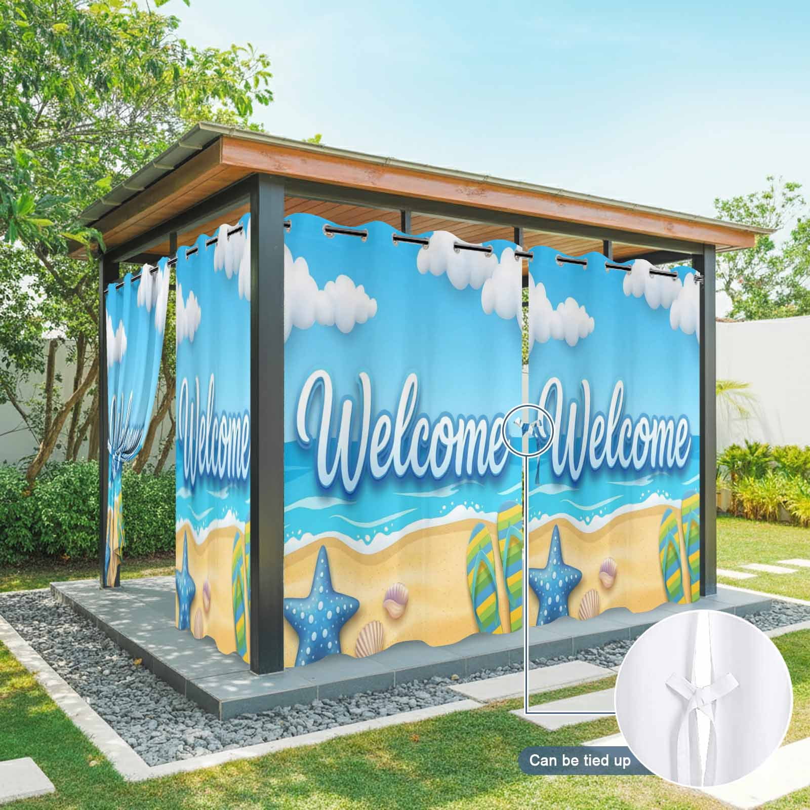 Welcome Summer Beach Outdoor Curtains for Patio, Coastal Watercolor Blue Ocean Starfish Shell Slipper Sunshade Privacy Drapes Grommet Waterproof Outside Curtains for Porch Balcony 54"x108", 1 Panel