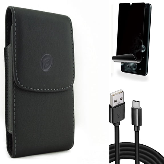 Case Belt Clip w 10ft USB Cable w Privacy Screen Protector for Samsung Galaxy S20 Ultra - Leather Holster Cover, Type-C Charger Cord Power, TPU Film [NOT GLASS] [Fingerprint fits Galaxy S20 Ultra