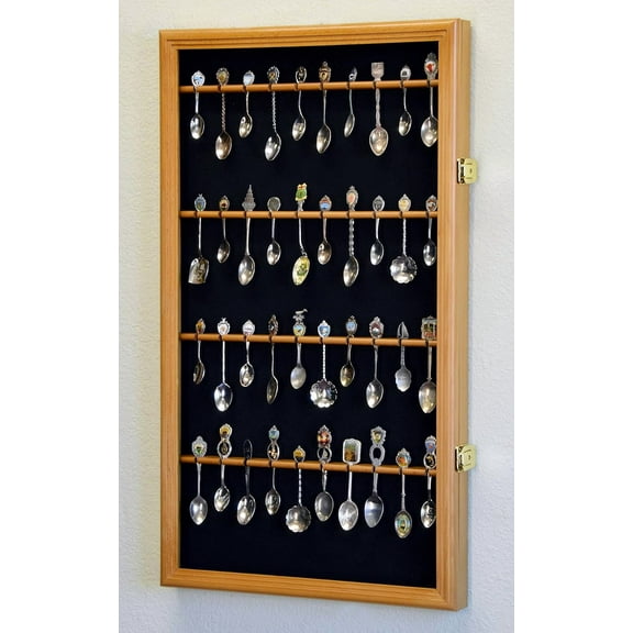 40 Larger Spoon Display Case Cabinet Wall Mount Rack Holder w/98% UV Protection Lockable, Oak