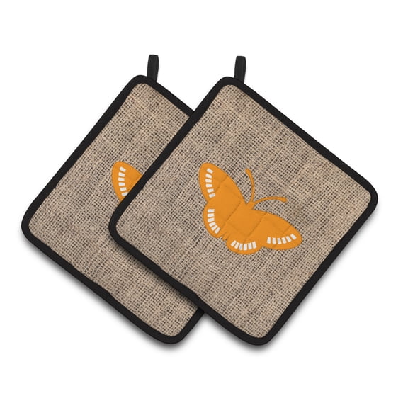 Carolines Treasures BB1031-BL-OR-PTHD Butterfly Faux Burlap and Orange Pair of Pot Holders 7.5HX7.5W multicolor