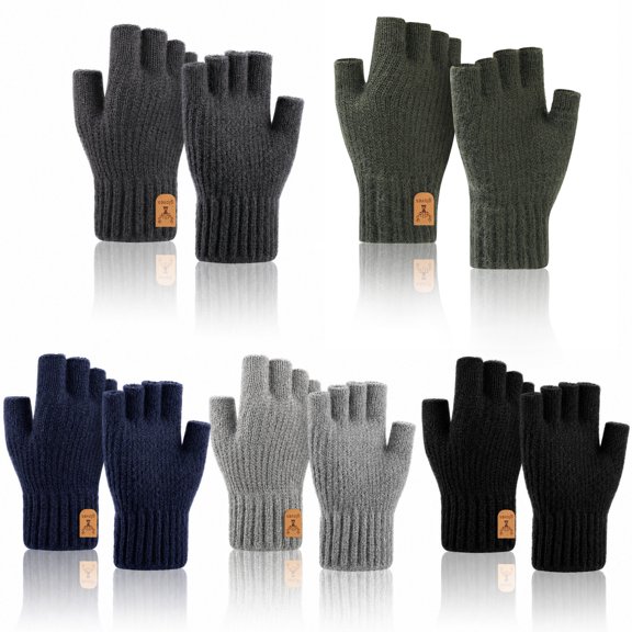 Bocaoying 5 Pack Winter Mittens for Men and Women, Thick Knitted Thermal Half Finger Gloves with Fleece Lining, Winter Gloves for Driving Cycling Running, Green/Black/Light Grey/Dark Grey/Blue