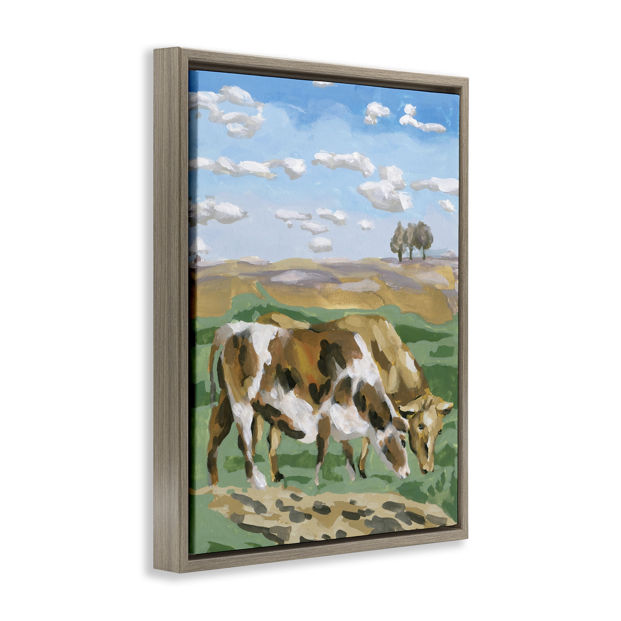 Stupell Industries Cattle Pair in Farmland Animals Painting Brown Floater Framed Canvas Art Print Wall Art, 17 x 21
