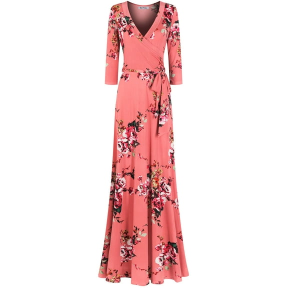 Bon Rosy, Women's, 3/4 Sleeve V-Neck Printed Maxi Faux Wrap Floral Dress, Blush, XL