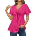 thumbnail image 2 of YYDGH Women's Elegant Peplum Tops V Neck Tie Front Short Bell Sleeve Shirts Tops Blouse Hot Pink XXL, 2 of 6
