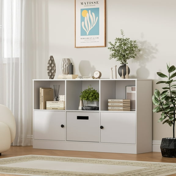 6 Cube Wooden Bookshelf with Fabric Drawer, 2-Tier Open Bookcase with 2 Doors, Floor Standing Display Cabinet Organizer, Kids Open Shelf Low Bookcase for Living Room, Bedroom, Office, White