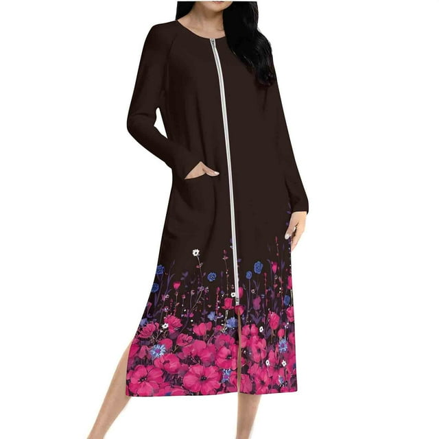 Ovingeta Robe de Pyjama pour Femmes Vêtements de Détente Amples Robe de Nuit à Fermeture Éclair Raglan Vêtements de Nuit Automne Hiver Vêtements de Maison Manches Longues PJs