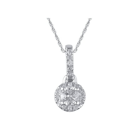 14K White Gold 1/4 Carat Total Weight Genuine Diamond Solitaire Halo Pendant Necklace with 18" Rope Chain