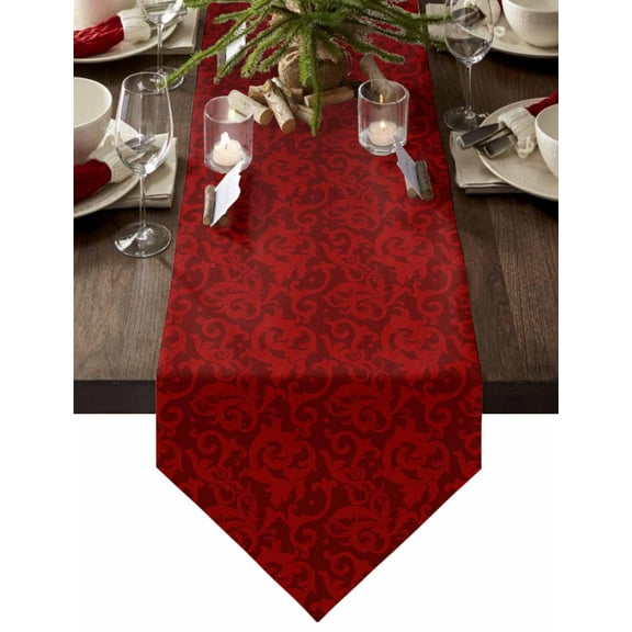 Table Runner Dresser Scarves Merry Christmas Leaves on Red Cotton Linen Burlap Table Cover Abstract Foliage Texture Table Runners for Family Kitchen Dining Holiday Party Banquet Decor